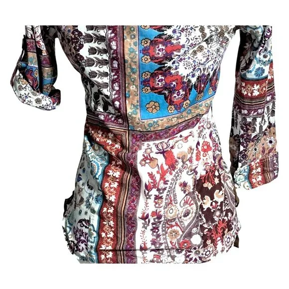Crown of Hearts Shirt Womens Size S Top Boho Patchwork  Button Down Collared Adj - Picture 13 of 16